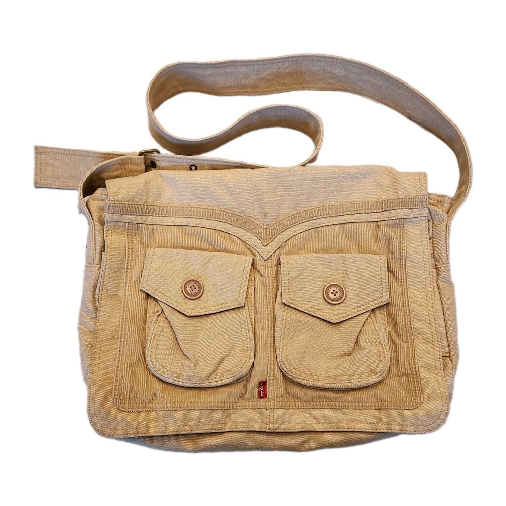 Vtg Y2K LEVI STRAUSS Khaki Beige Canvas Corduroy Messenger Book Bag Satchel
